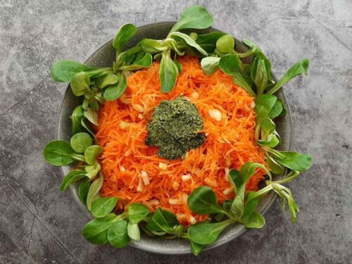 Salotos: morka, sultenė, salieras, svogūno laiškai, Pesto padažas
